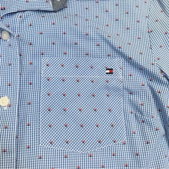 Tommy Hilfiger Blue Red Gingham Print Long Sleeve 3/4 Button Down Shirt Small - Picture 2 of 13